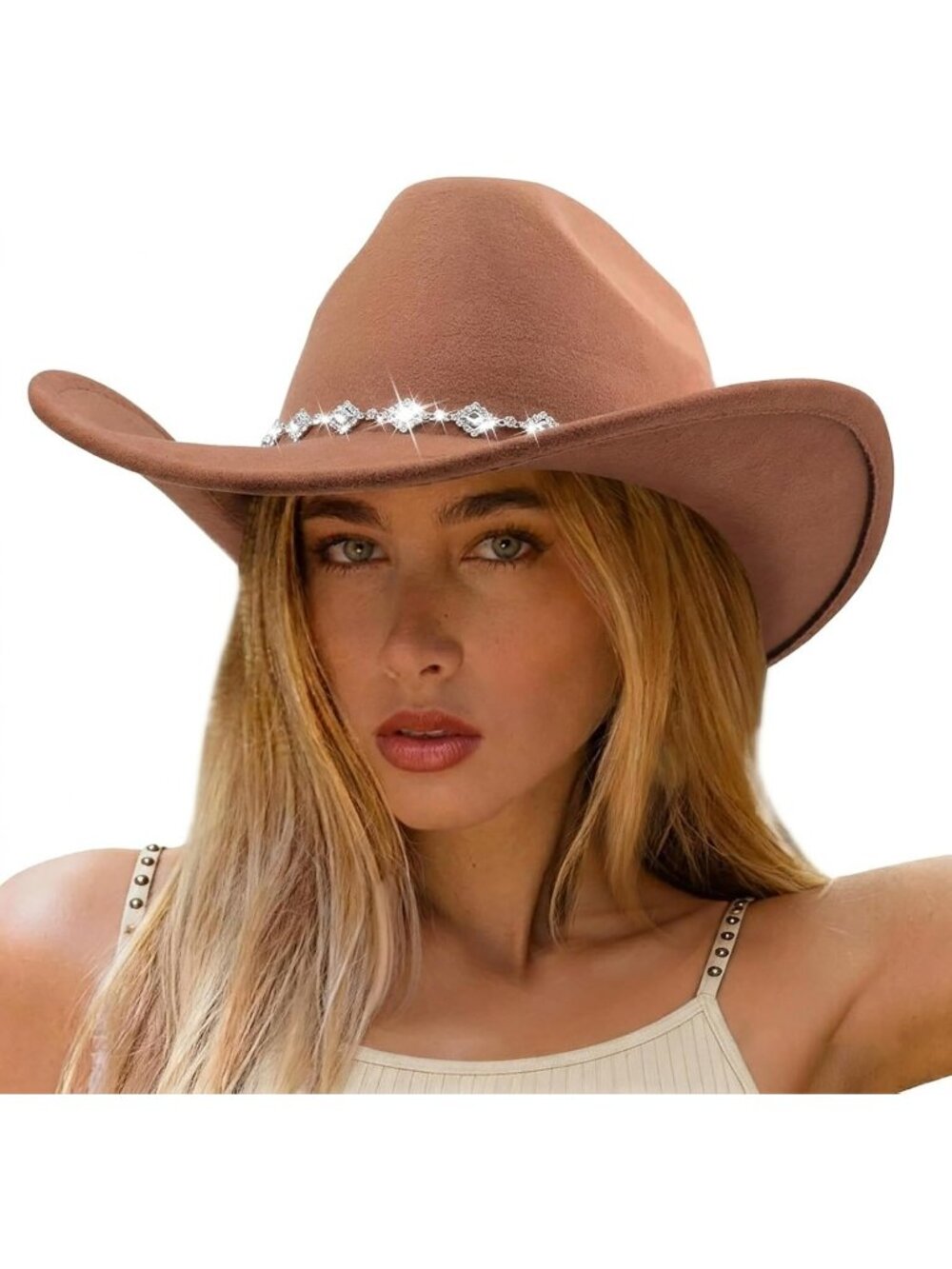 Women's Khaki Rhinestone Glitter Wide Brim Felt Cowboy Western Cowgirl Hat